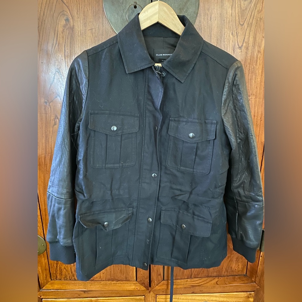 Club Monaco Leather Sleeve Military Style Jacket